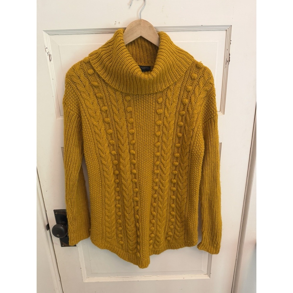Talbots Women's Yellow Chunky Cable Knit Turtleneck Sweater Wool Blend Size MP